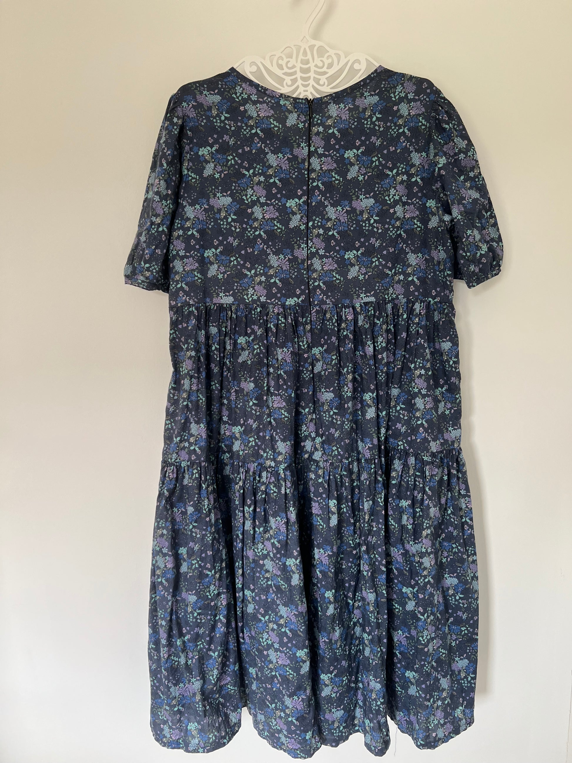 Robe longue bleue, Coton japonais, Motif fleuri