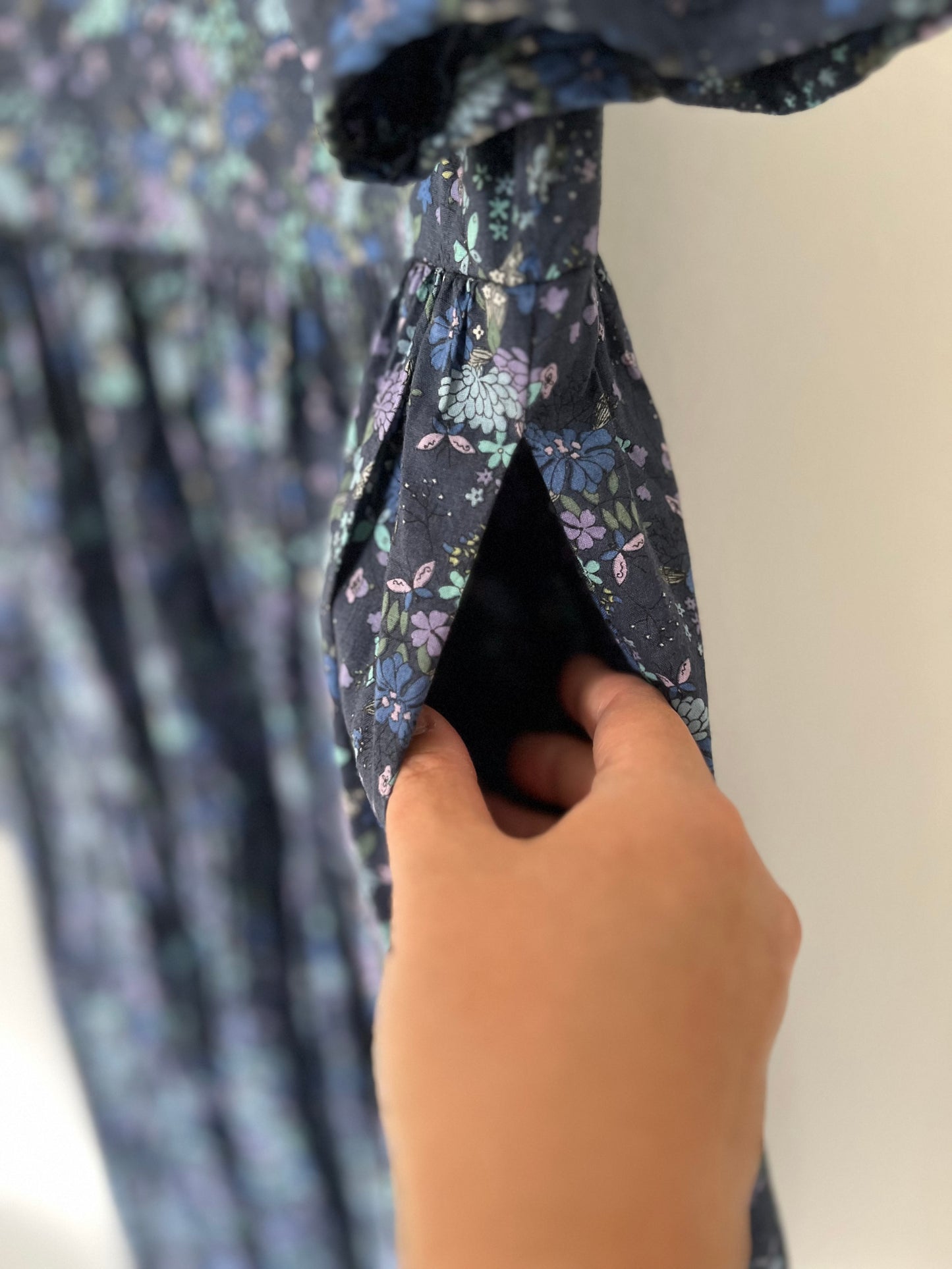 Robe longue bleue, coton, Motif fleuri