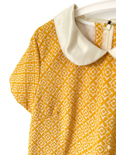 Yellow shift dress with peter pan collar and vintage print